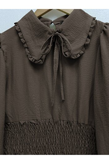 Modamorfo Elastic Waist Baby Collar Long Sleeve Blouse - Brown