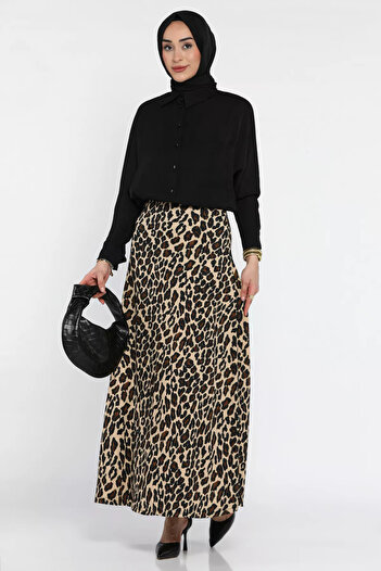 julude Beige Women's Leopard Patterned Hijab Wrapped Kiloş Skirt