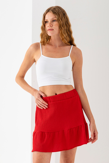 GİYSA Women's Elastic Waist Textured Mini Skirt Red - 1884