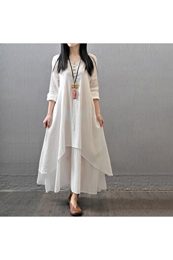 Toridas Casual Summer Women's Ecru Casual Two-Layer Dress