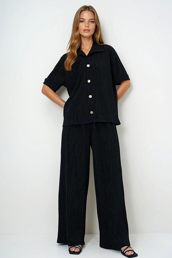 VAGGON Women's Black Double Cuff Gold Button Detailed Pleated Shirt and Palazzo Pants Set Prmx14139