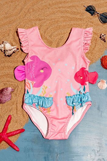Minigimin Cicileri My Little One's Cicileri (3-7 Years) Fish Patterned Girl's Swimsuit with Ruffle Detail - Light Pink