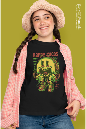 StoryGift Romania Tricou Femei Cu Portie Tacos, Chip Zambitor, Text In Engleza Happy Tacos, Artwor BLK_XS
