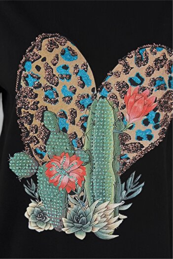 FEMELLE Women's Black V-Neck Large Size Cactus Sequin Sequin Embroidered 100% Cotton Large Size T-Shirt