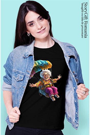 StoryGift Romania Tricou Femei Cu O Femeie In Varsta Care Se Da Cu Parasuta, Ilustratie, Senzatii Blk_m