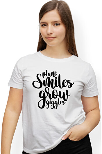 StoryGift Romania Women's T-shirt with message in English "Plant smiles, grow giggles" - plant smiles, WHT_L