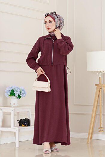 Moda Asrın Pocket Detailed Pocketed Ela Dress-Burgundy