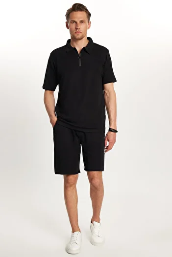 Tudors Men's Standard Fit Cotton Zip Polo Neck T-Shirt with Lace-Up Waist Black Shorts Set