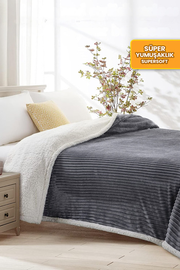 Evlen Home Collection Soft Plush Wellsoft Bedspread |   Sherpa Blanket Double Striped Anthracite