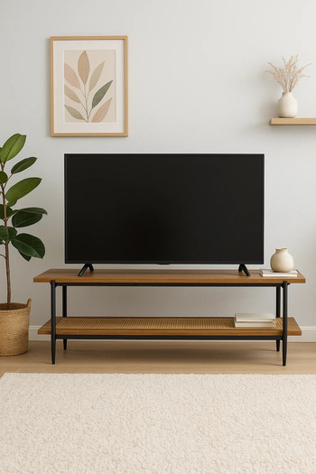 MARIA HOMES Modern Brown TV Stand with Rattan Shelf – 160x40x50 cm Two-Tier Wooden Media Console
