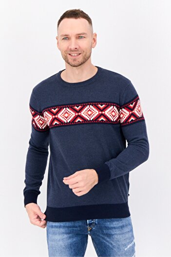 Nautica Men Crew Neck Long Sleeve Knitted Sweater, Dark Grey/Red