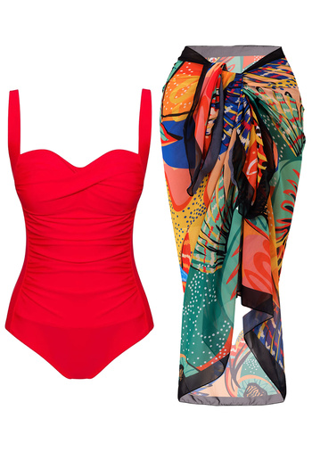 CUPSEA Women's Gathering Draped Red Swimsuit Orange Leaf Star Pareo Set of 2 Stylish and Slimming Effect