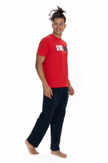 U.S. Polo Assn. U.S. Polo Assn. Men's Red Uspa Printed Long Pajama Set, 100% Cotton Comfortable Fit