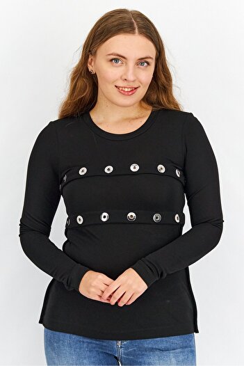 Diesel Women Round Neck Long Sleeve Stud Top, Black