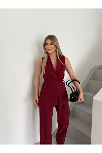 HOEK Women's Burgundy Belted Vest Pants Set