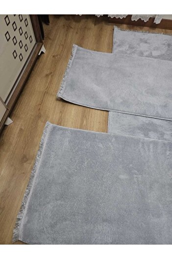 AKSU Modern peluş 3lü gri saçaklı yatak odası takımı yıkanabilir antibakteriyel 2adet75x150 1adet 75x300