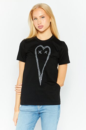Diesel Women Crew Neck Short Sleeve Graphic Top, Black