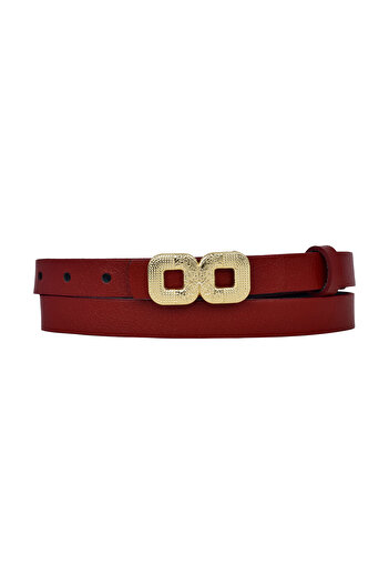GoDeri 2cm Red Thin Women's Belt with Gold Color Buckle - 100% Genuine Leather, for Dress and Pants