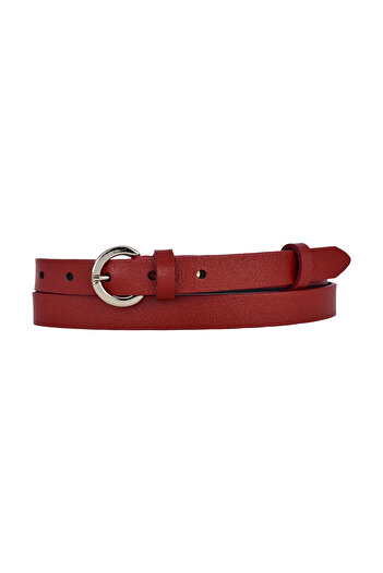 GoDeri Thin 2 cm Red Women's Belt - 100% Genuine Leather, Silver Color Buckle; Dress & Pants Kilit_G