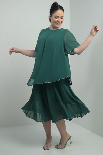 By Saygı Women's Short Flounce Sleeve Lined Stone Detailed Large Size Chiffon Midi Dress