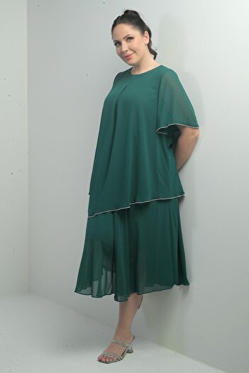 By Saygı Women's Short Flounce Sleeve Lined Stone Detailed Large Size Chiffon Midi Dress
