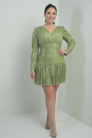 By Saygı Women's Front Back V Neck Lined Draped Long Sleeve Plus Size Pulpayet Dress