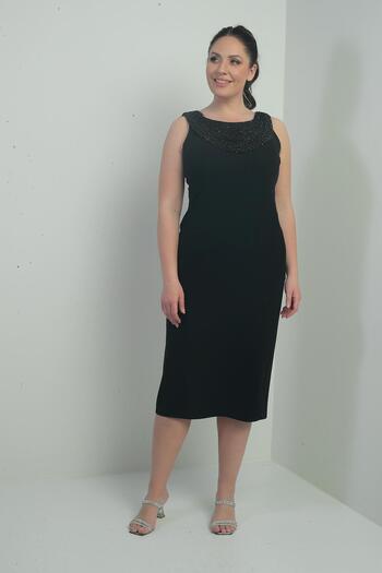 By Saygı Flounce Collar Stone Detailed Lined Large Size Crepe Midi Dress