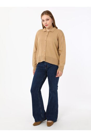 ALİA Large Size Stone Detailed Knitwear Cardigan - Mink - Alia