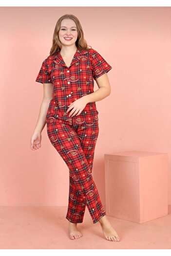 TABANÇORAPLARI Jeni̇ka Buttoned Short Sleeve Checked Teddy Bear Patterned Milan Fabric Women's Pajamas Suit