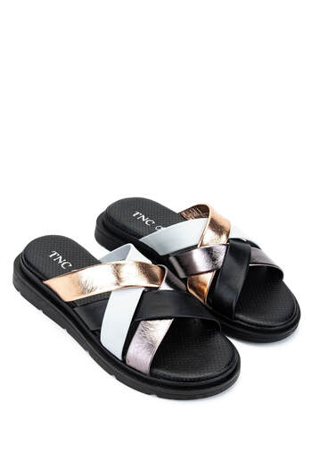 Tamer Tanca Women's Genuine Leather Black Flat Slippers