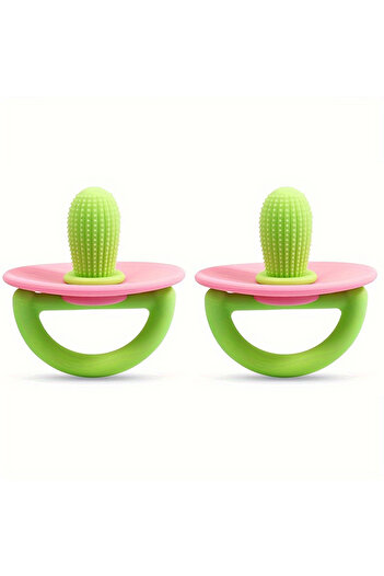 Choice 2pcs-Pink Silicone Teether Ring, Pacifier Type Teething Tool, Soft Molar Stick with Massage Dot