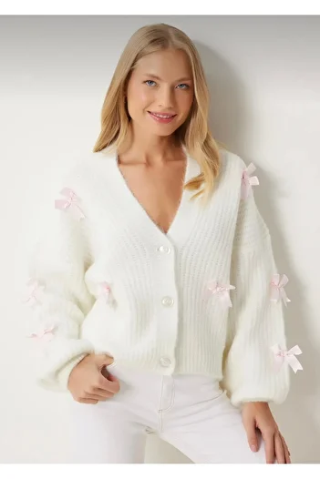 FLEX FASHION Women's Oversize Bow Detailed Ribbon Soft Knitwear Cardigan Ecru