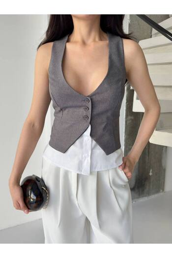 LOCH BUTİK Women's Shirt Detailed Buttoned Gray Vest