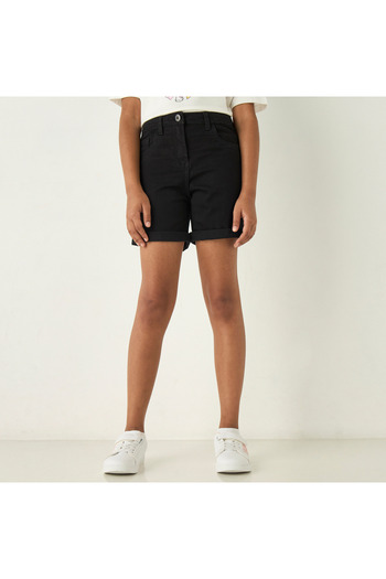 Juniors Solid Denim Shorts With Pockets And Button Closure