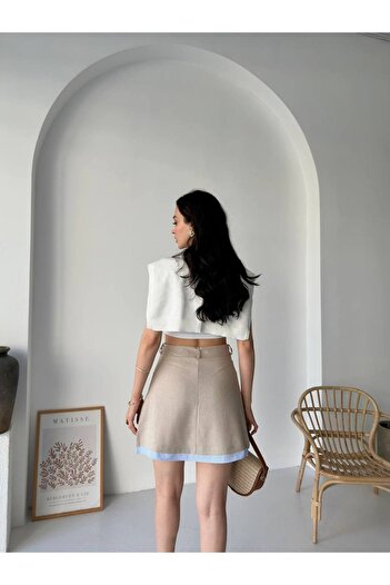 LOCH BUTİK Women's Beige Striped Belted Mini Skirt