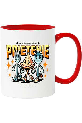 StoryGift Romania Mug Fork, spoon and pie. Friendship for life, 330ml, Ceramic with Handle, With Red Handle STG