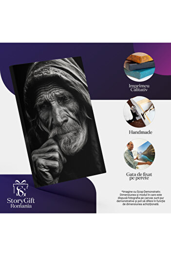 StoryGift Romania Tablou Canvas: Portret De Barbat In Varsta - Saracie Durere B&w Pictura Digitala