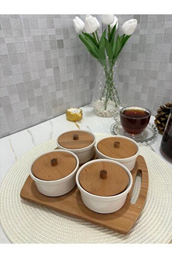 SOFRA STİL 4-Piece Round Breakfast Set with Wooden Stand