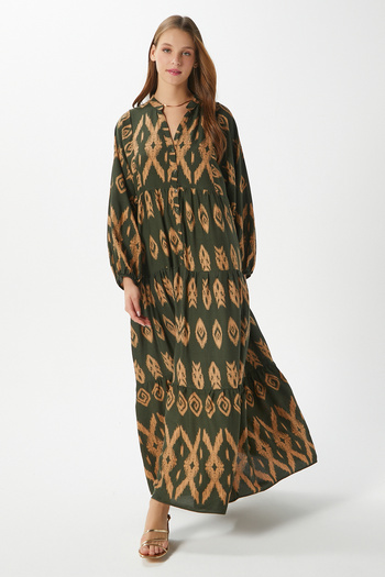 Ritnice Modest Women's Megan 100% Viscose Maxi Length Khaki Layered Balloon Sleeve Long Summer Dress