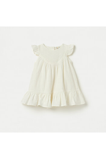 Juniors Schiffli Textured A-Line Dress With Cap Sleeves And Snap Button Closure