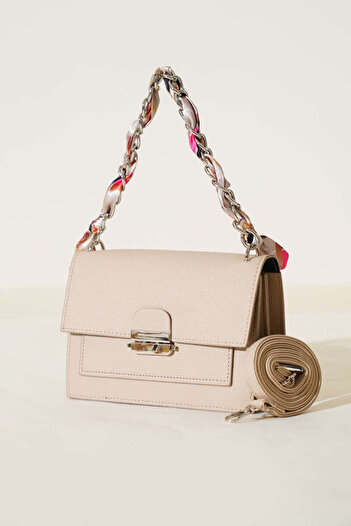 Jagu Women's Hand and Shoulder Bag with Scarf Beige Multi-Compartment Wallet