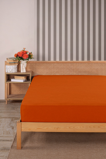Karden Flower Premium 100% Cotton Double Combed Cotton Elastic Sheet - Orange