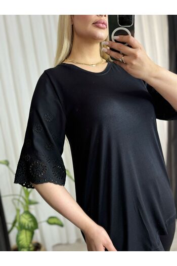 ViolettaXL Women's Large Size Crew Neck Sleeves Fisto Detail Flexible Viscos Bluz