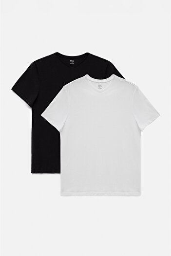 Avva Men's Black-White 2-Piece V-Neck Plain 100% Cotton T-Shirt E 001022