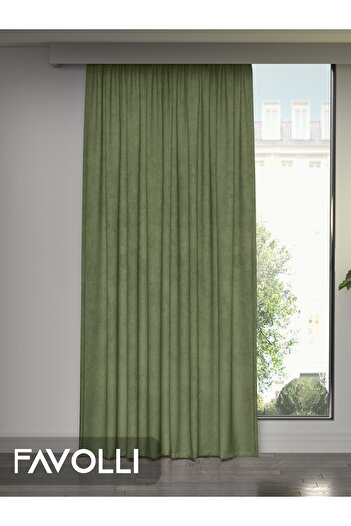 FAVOLLİ Velvet Textured Olive Leaf Color Island Background Curtain Extrafor Gathered Dream Series