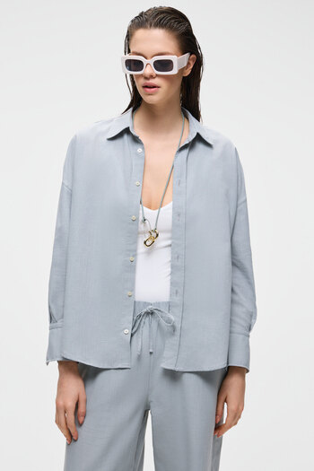 GRIMELANGE Vesta Women's 100% Cotton Linen Look Flared Oversize Gray Shirt