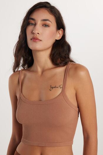 Tudors Women's Slim Fit Square Neck Plain Basic Brown Crop Tank Top