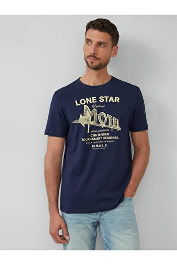 s.Oliver Tricou bărbătesc cu guler rotund, imprimeu text, croială regulată, bleumarin închis, mărime S