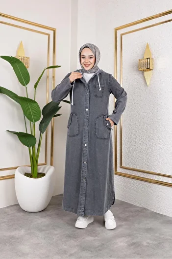 HARMAN BUTİK Women's Buttoned Hooded Denim Jeans Trench Coat with Pockets
