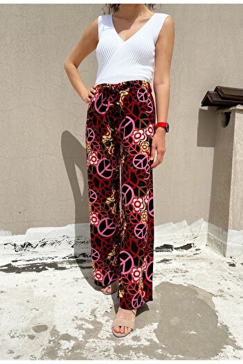 520CK Women's Viscose Fabric Wide Leg Patterned Summer Trousers